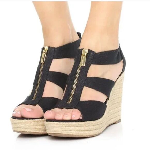 Michael kors mk denim damita wedge zip up sandal heel/ sz 10 - Picture 2 of 6